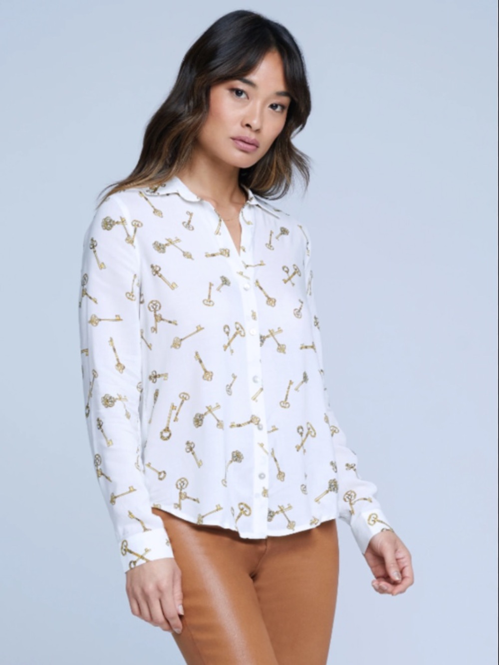 NWOT L'AGENCE Holly Key Print Blouse Antique White Size S